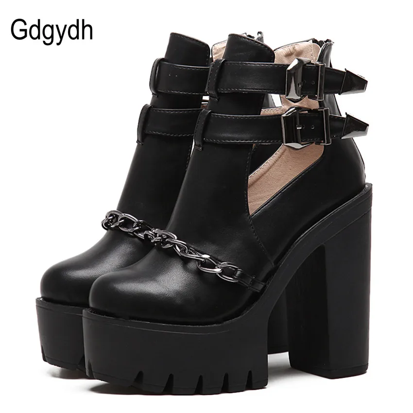 Gdgydh Spring Autumn Fashion Ankle Boots For Women High Heels Casual Cut-outs Buckle Round Toe Chain Thick Heels Platform Shoes : image Gdgydh Spring Autumn Fashion Ankle Boots For Women High Heels Casual Cut-outs Buckle Round Toe Chain Thick Heels Platform Shoes