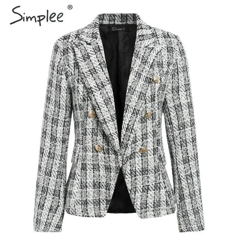 Simplee Vintage tweed plaid blazer women Buttons double breast office ladies blazer jackets Winter work wear female blazer coats - Цвет: Серый