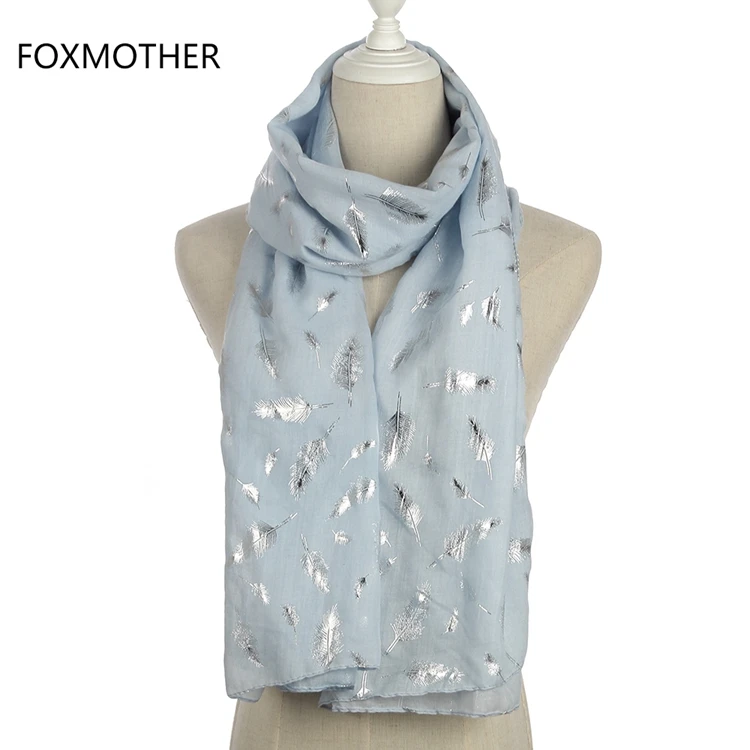 Sky Blue Long FOXMOTHER модные женские белые темно-синие желтые бронзовые фольга Серебряное перо кольцо шарфы шейный шарф блестящий платок - Цвет: Sky Blue Long