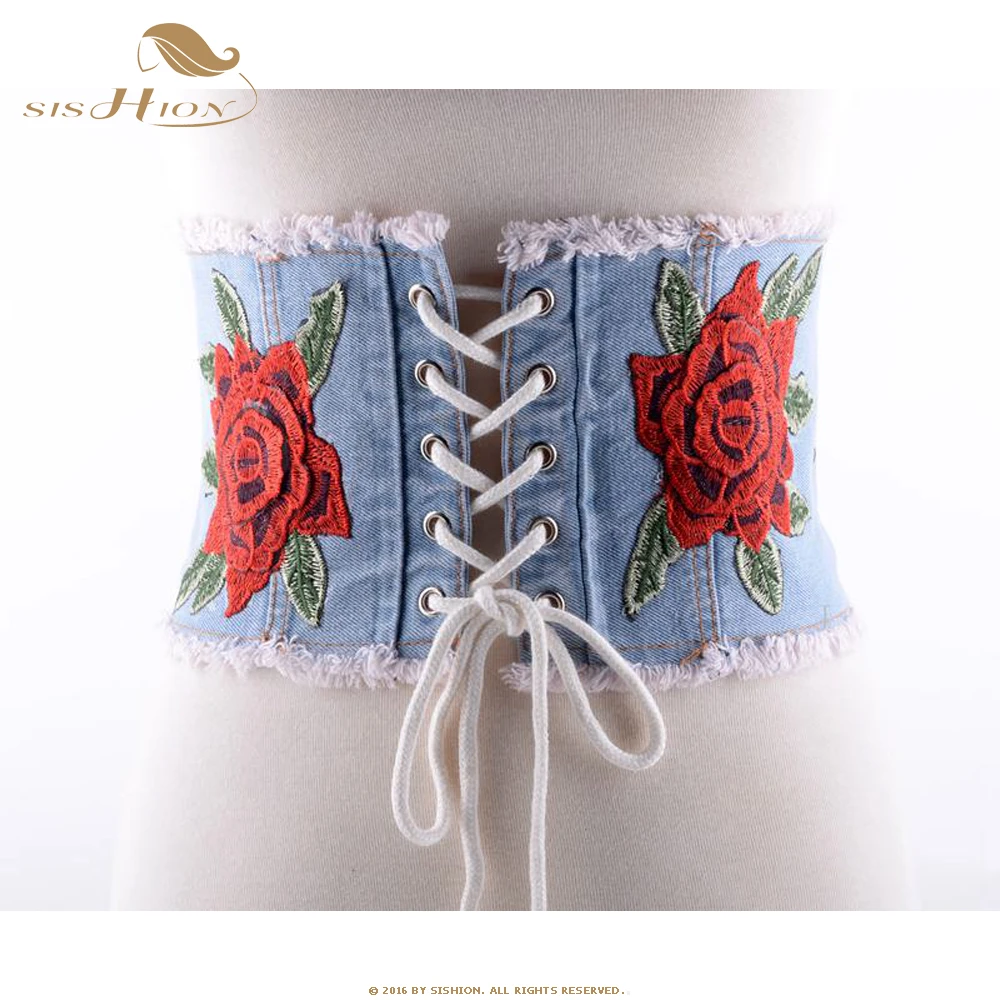 

SISHION Women Cummerbund Belt Denim Blue Vintage Waist Corsets and Bustiers Waistband Embroidery Wide Belt Accessories VB0008