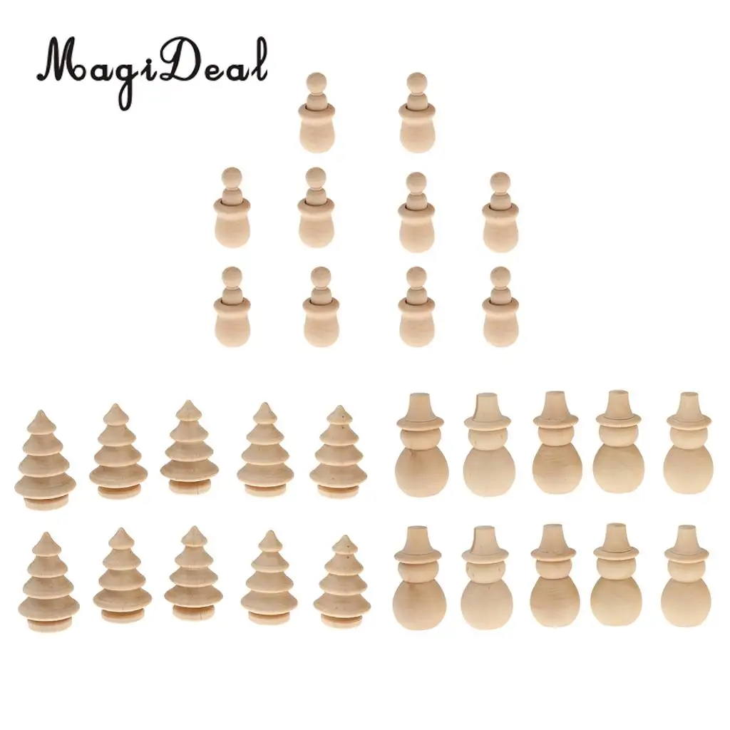30 Pieces Assorted Blank Christmas Tree Snowman People Nest Wooden Peg Dolls Crafts DIY Montessori Toys Wedding Cake Toppers