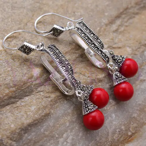 

Free shipping gem tibet silver round bead cluster stone coral stone dangle earringss