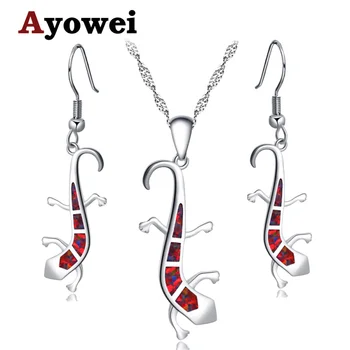 

Ayowei Special desgin Large earrings pendant necklace Silver stamped 925 orange Gecko fire opal set for women party gift OS037A