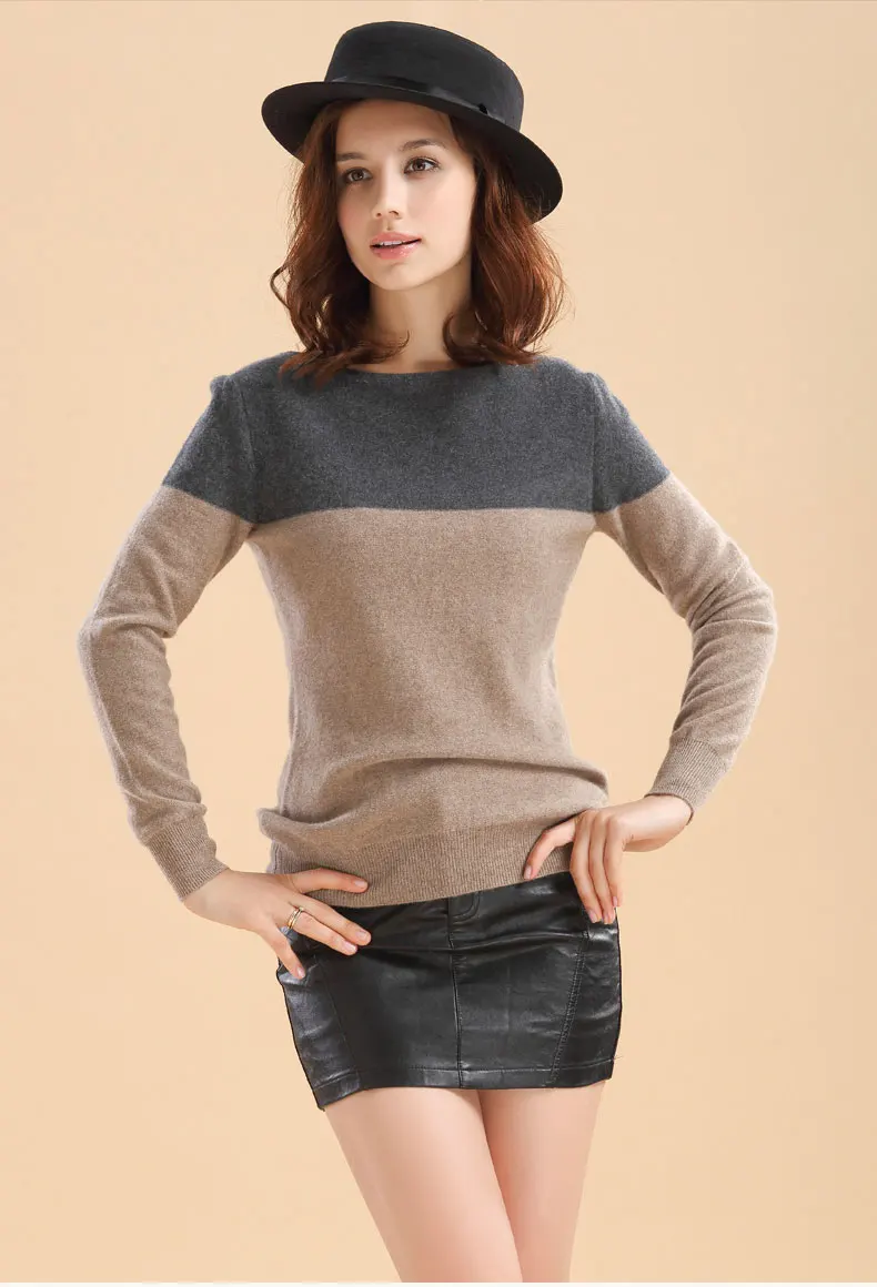 Горячая распродажа женский кашемировый шерстяной свитер контрастного цвета с круглым вырезом базовый пуловер с длинным рукавом