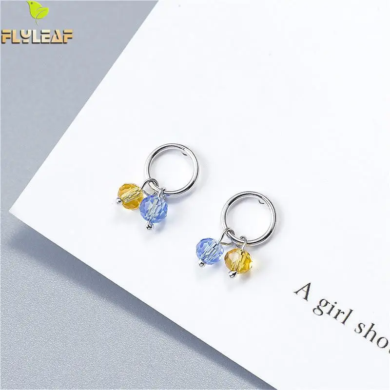 

Flyleaf 925 Sterling Silver Stud Earrings For Women Circle Blue Yellow Crystal Simple Earings Fashion Jewelry Party High Quality