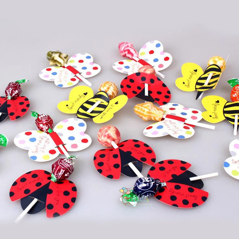 

50pcs/pack Cute Insect Bees Ladybug Butterfly Lollipop Decorating Card Birthday Party Wedding Supplies Candy Gift For Kids