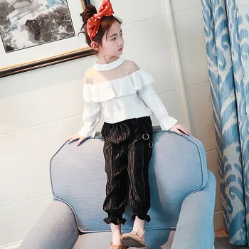 

2018 summer girls clothing sets white blouse long sleeve +pants 2 pieces