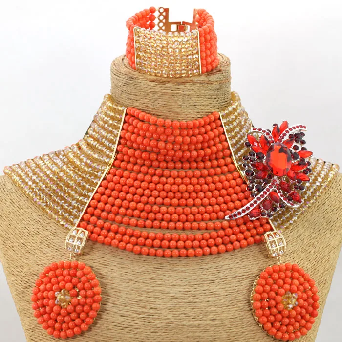 Роскошный Полный коралловый бисер свадебные комплекты ювелирных изделий женский костюм вечерние индийское ожерелье, набор CNR679 - Окраска металла: G
