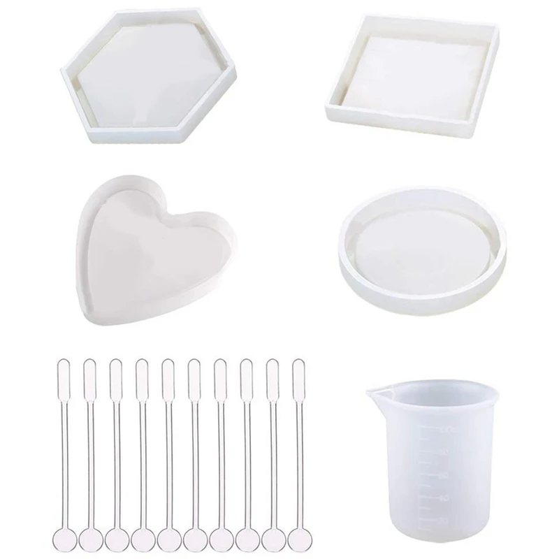 

4 Pack Diy Coaster Silicone Mold Epoxy Casting Molds Include Round Hexagon Square Heart Molds For Resin Concrete Cement With 1
