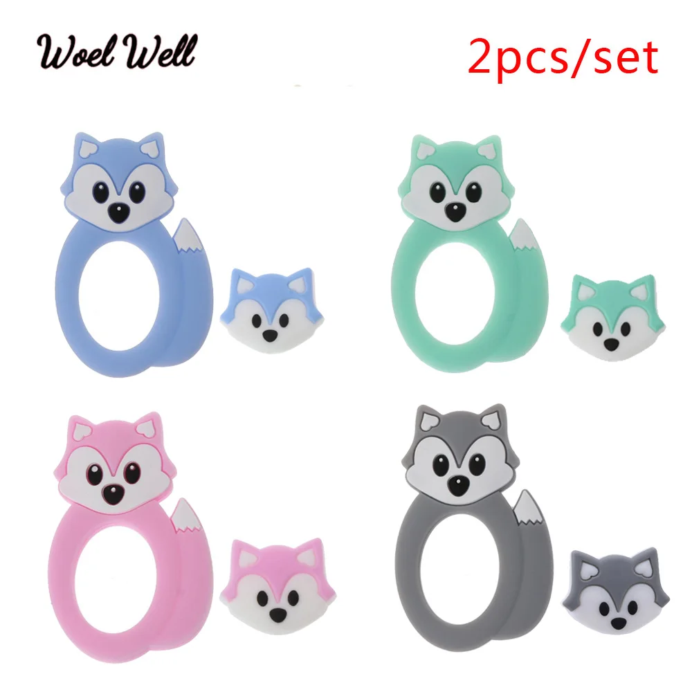 Woel Well 2 개/대 여우  Teether 실리콘 씹는 젖니가 남 장난감 귀여운 동물 모양 여우 실리콘 구슬 아이 구강 치과 치료