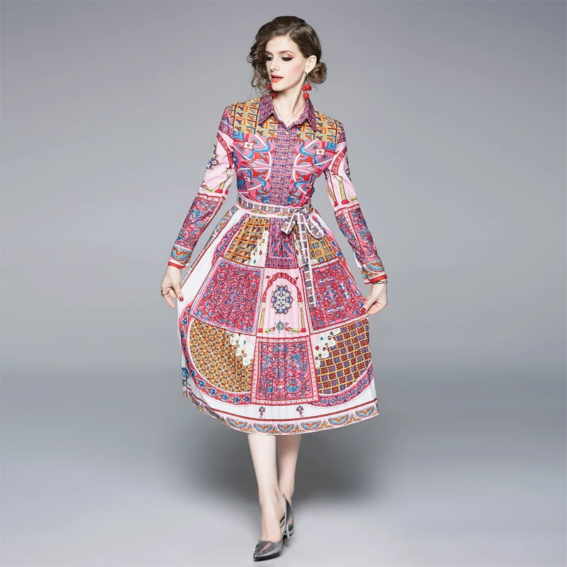 

HAMALIEL Women's Pleated Midi Dresses 2019 New Fashion Summer Turn Down Collar Printed Shirt Dress Vintage Bow Holiday Sundress