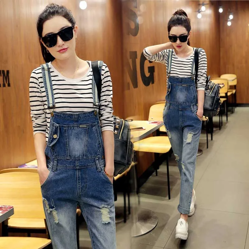 Spring Fall Women Slim Ripped Hole Denim Playsuits And