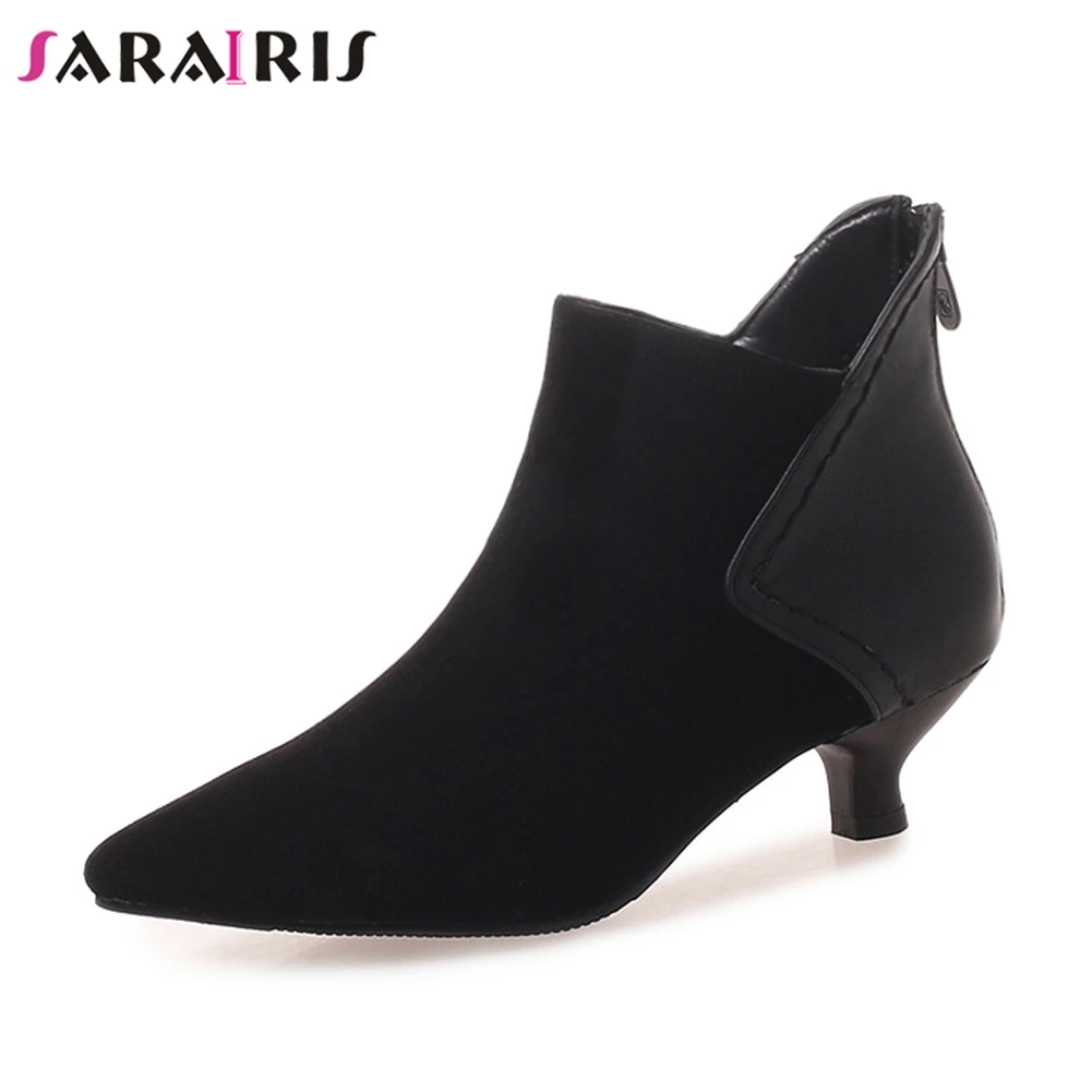

SARAIRIS New Mixed Colors Pointed Toe Zip Thin Med Heels Shoes Woman Casual Party Winter Spring Ankle Boots Plus Size 32-46