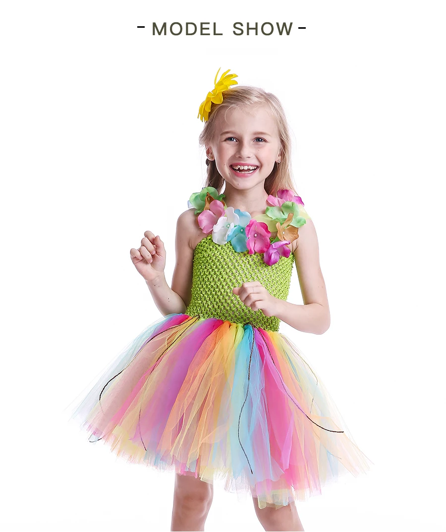 Hula Syle Girls Rainbow Colored Tutu Dress with Flower Necklace Kids Birthday Party Pageant Costume Handmade Sweet Tulle Dress (4)