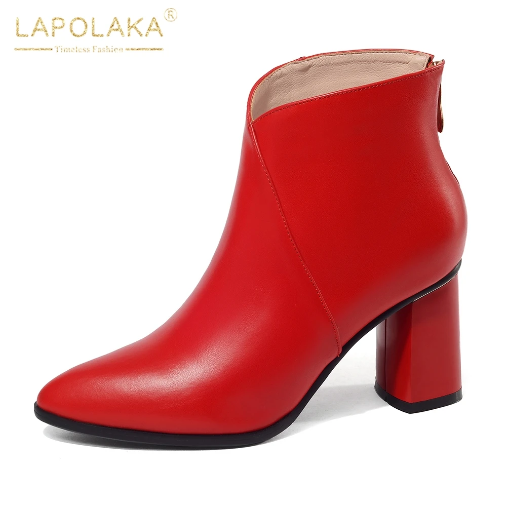 

Lapolaka Genuine Leather plus Size 34-42 Cow Leather Square High Heels Zip Up Ankle Boots women's Shoes Woman Boots
