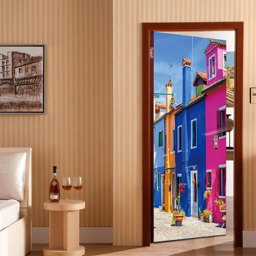 

77x200cm Venice Street Hall 3D Door Stickers PVC Self Adhesive Wallpaper DIY Waterproof Mural Decals For Living Room Bedroom