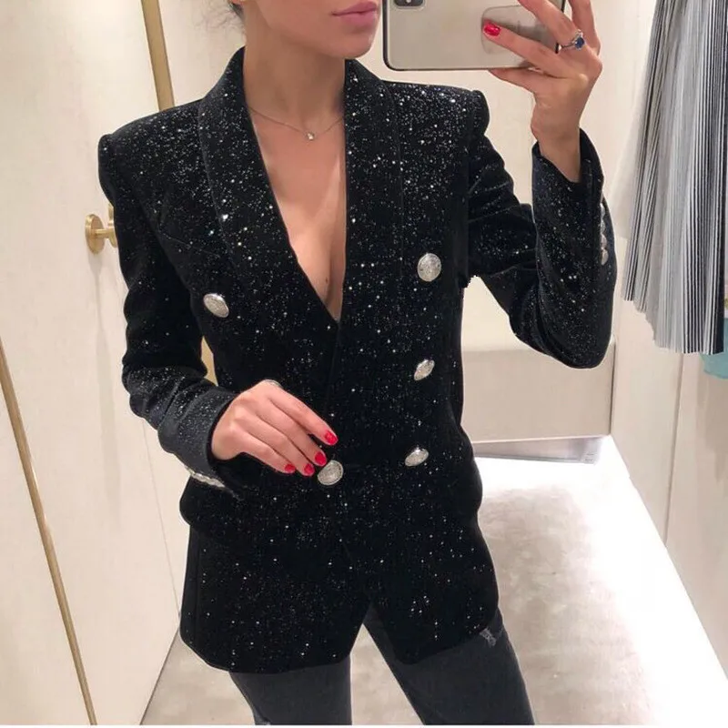 European style women double breasted velvet jackets coat Chic elegant Blazers jackets D753