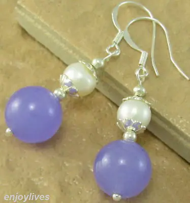 

A Genuine White Pearl Purple Lavender Jade White Gold Plated Hook Earrings