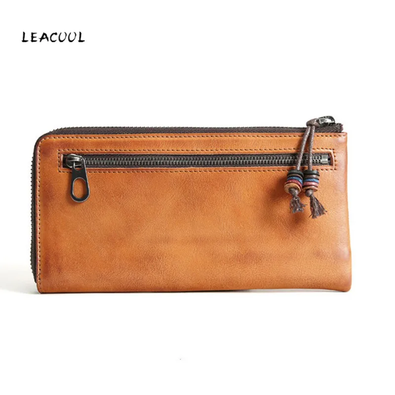 

LEACOOL Genuine Leather Soft Long Zipper Wallet Men Women Cowhide Coin Purse Money Pocket Pochette Clutch Bag Card Holder