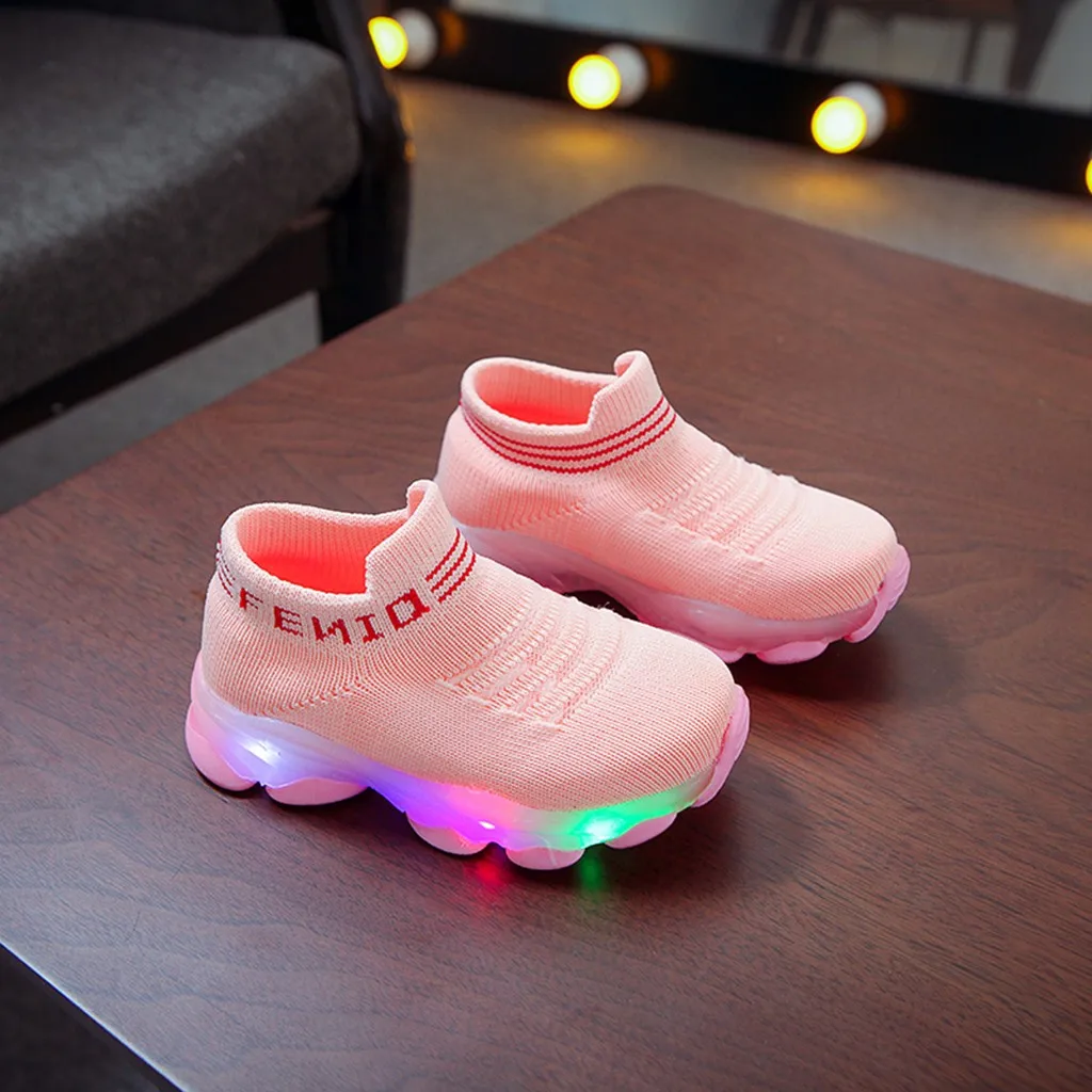 New Fashion Children Baby Girls Boys Letter Mesh Led Luminous Socks Sport Run Sneakers Casual Shoes Kids Shoes With LED