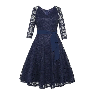 

Elegant Red Lace dress Women vintage Patchwork 3/4 Sleeve Tunic midi Dress 2019 Ladies Sexy casual Evening Party office Dresses