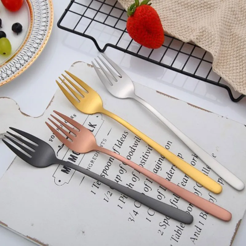 

304 Stainless Steel Colourful Dessert Fork Long Handle Gold Korea Dinner Fork Set For Hotel Party With Long Handle