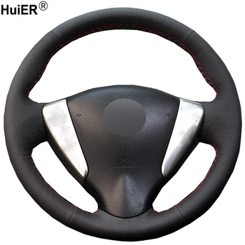 

HuiER Hand Sew Car Steering Wheel Cover Breathable Black Leather For Nissan Tiida Sylphy Sentra Versa Note 2014-2017 Car Styling