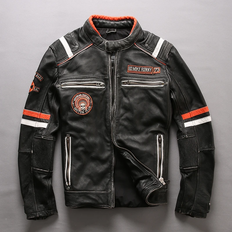 Male Vintage Blacke Genuine Motorcycle Jacket Fashion Appliques Calf Cowhide Rider Jackets Men Multiple Labeling Winter Coats Genuine Leather Coats Aliexpress