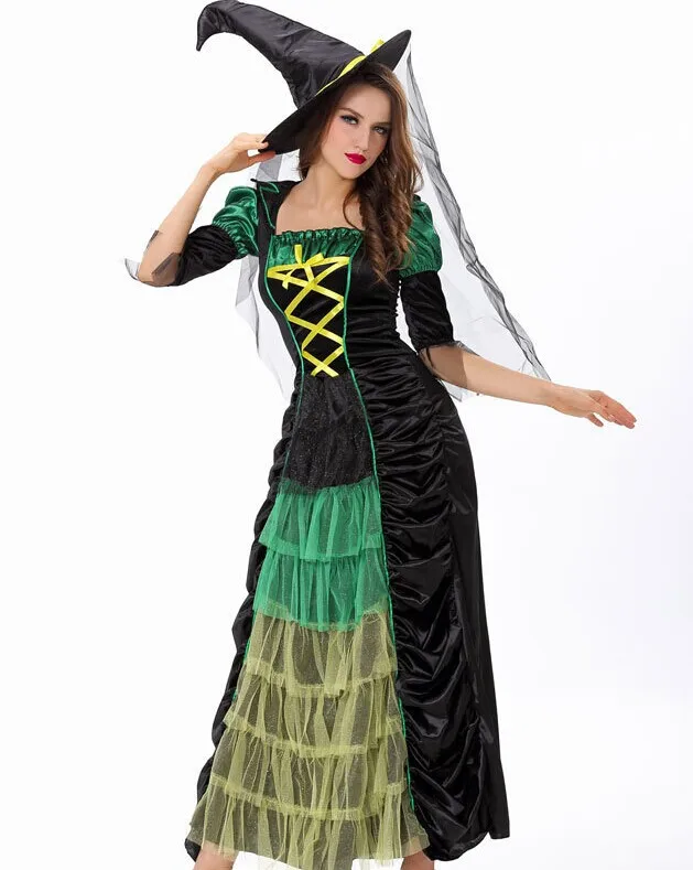 Модный сексуальный костюм для вечеринки супер низкие цены взрослые зеленые костюмы ведьм на Хеллоуин для женщин