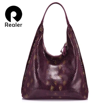 

REALER women handbag genuine leather large tote bag female hobo shoulder bag fashion serpentine prints handbag