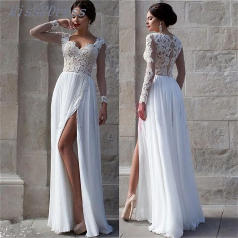 2017 Lace long Sleeve Side High Slit Chiffon Beach Wedding Dresses with