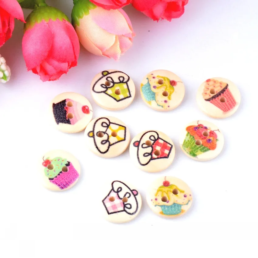 

Free Shipping Retail 10Pcs Random Mixed 2 Holes Print Food Cake Wood Buttons 15mm Dia. Sewing Tools For Diy Clothing Accessories