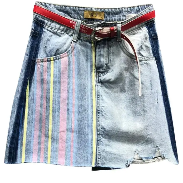 

2019 Summer new denim skirt women Fashion hole color striped A-line package hip jeans mini skirt