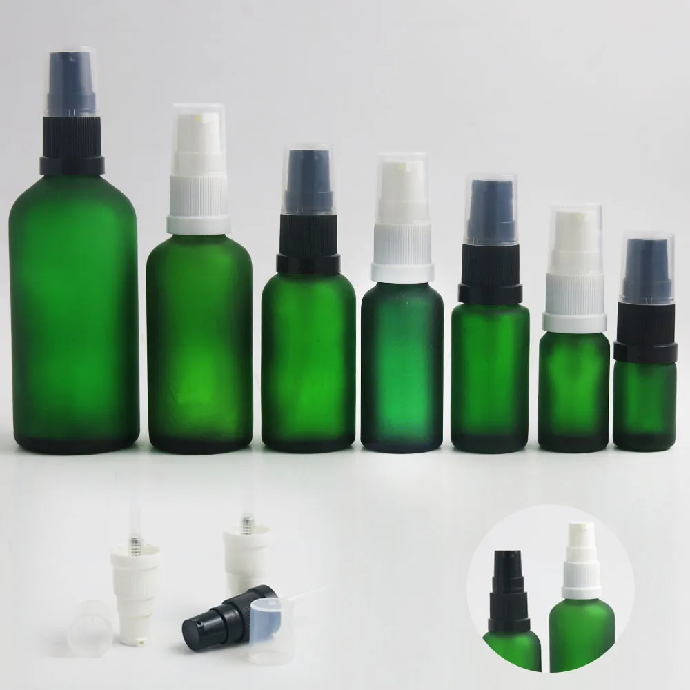 

200 x Travel Refillable 100ml 50ml 30ml 20ml 15ml 10ml 5ml Frost Green Glass lotion pump bottle Cream Shampoo Containers