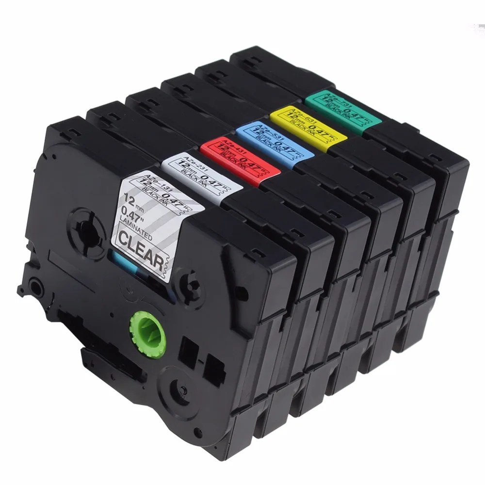 

6 Pack 12mm Compatible Brother P-touch Laminated Label Tapes Combo Set TZe-131 TZe-231 TZe-431 TZe-531 TZe-631 TZe-731