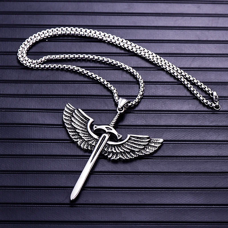 

Punk Templar Cross Men Signet Necklace Titanium Stainless Steel Sword Wings Pendants Necklaces Jewelry Band Rock Accessories