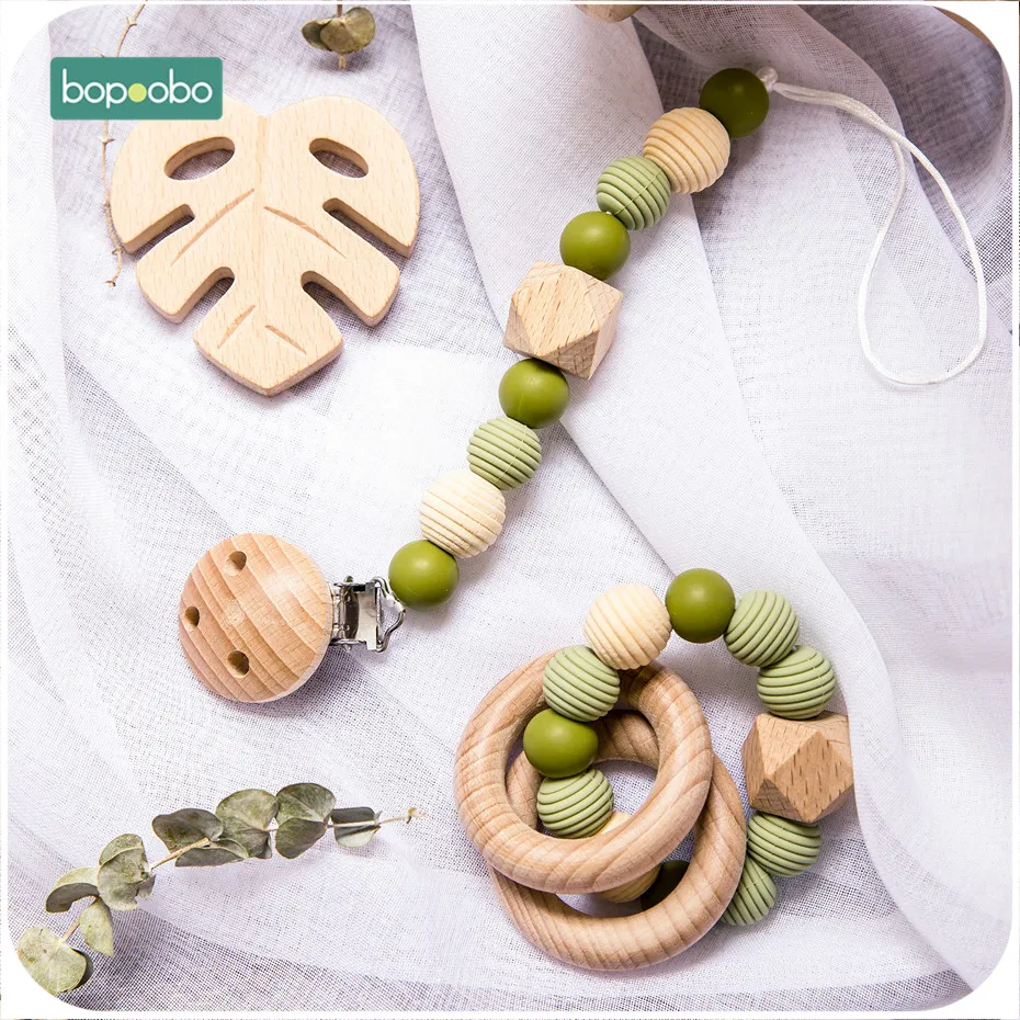 Bopoobo 3Pc/Set Silicone Beads Baby Teether Necklace Round Wooden Beads Pendant For Nursing Pacifier Chain Clips Baby Products