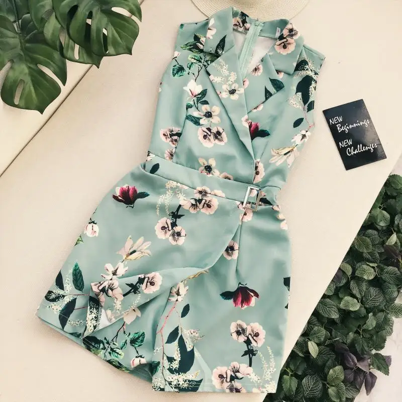 

2019 New Summer Women's Vintage Printed Suit Collar Playsuit Rompers Irregular Waist Skirt Shorts Sleeveless Jumpsuits