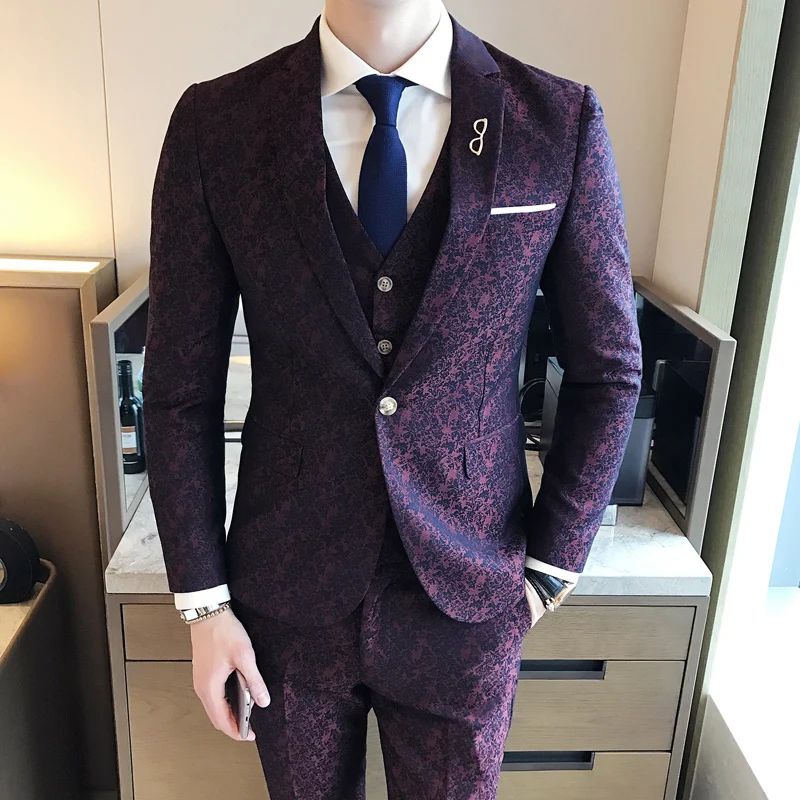 Смокинг Пейсли 3 шт жаккардовый костюм 3XLLuxury винно-красный Mariage Homme мужские