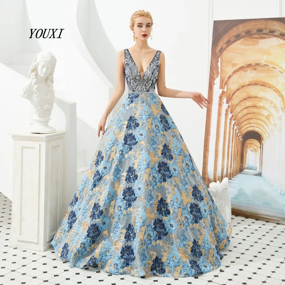 

Ball Gown Evening Dresses Elegant Blue V-Neck Sheer Neck Beading Crystal Luxury Lace Prom Gown Formal Graduation Party 100% Real