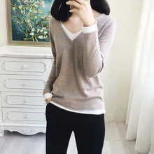 LHZSYY Spring Autumn New Women's V-Neck Cashmere sweater Fashion Stitching Bottoming Shirt Knit Pullover Wool Wild Warm Sweater