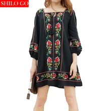 Free shipping 2016 autumn fashion women high quality Bohemian Cross embroidered fringed lace nine points lantern sleeve dress