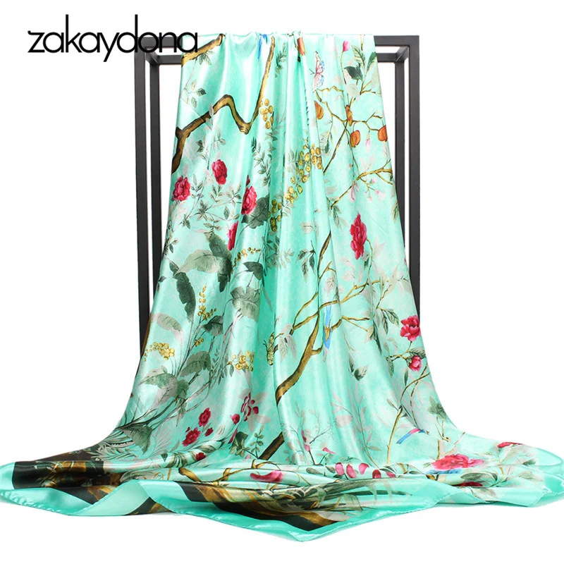 

zakaydona Luxury Brand Scarf For Women Tree Print Satin Shawl Green Hijab Scarf Fashion Poyester Square Scarves 90*90CM 9007
