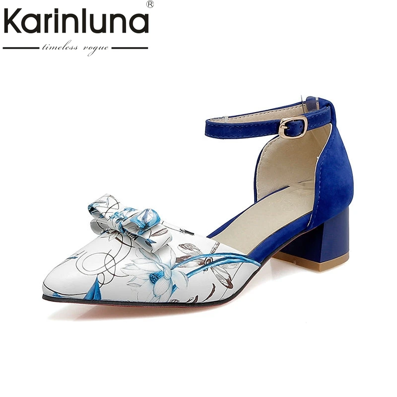

Karinluna New Summer Sexy Pointed Toe Women Sandals Plus Size 32-48 Print Med Chunky Heels Shoes Woman Party Date Footwear