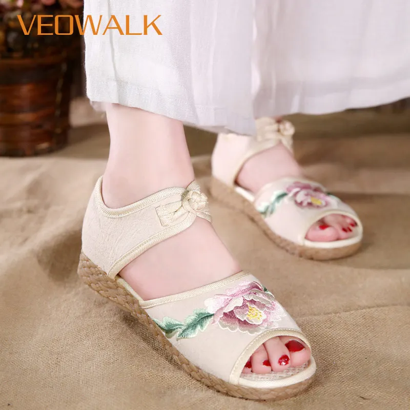 

Veowalk Peep Toe Women Ankle Strap Canvas Flat Sandals Flower Embroidered Ladies Summer Platfforms Shoes Comfort sandials mujer