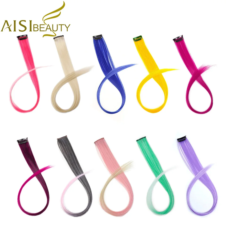 

AISI BEAUTY Synthetic Long Single Clip In One Piece Hair Extensions 50cm Pink Rainbow Color Straight Hairpiece For Women Girl