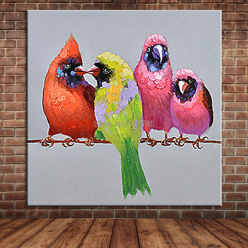 Handpainted Palette knife Animal Oil Painting Birds Parrots Canvas Art