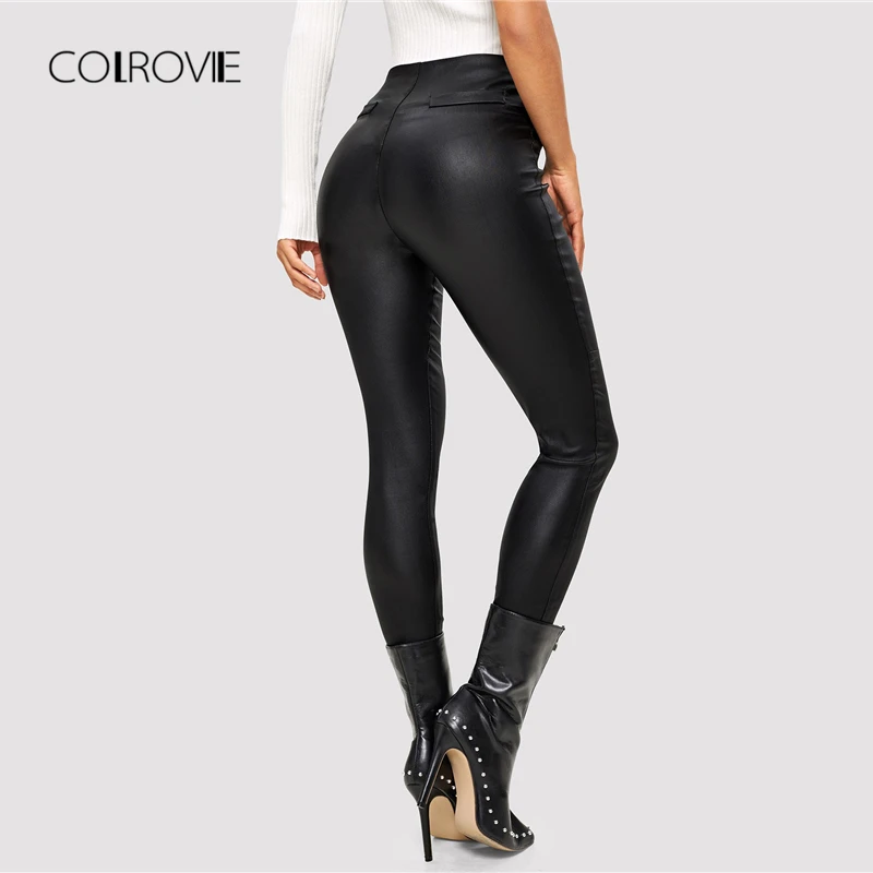 COLROVIE, черные обтягивающие кожаные брюки из искусственной кожи, офисные женские брюки с высокой талией, женская одежда, Осенние эластичные женские брюки-карандаш