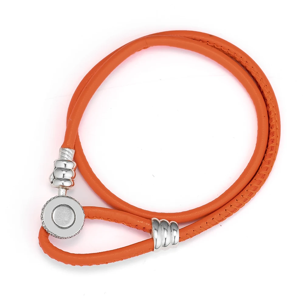 

Orange Color Moments Leather Bracelets for Women & Men Silver Round Closure Fashion Silver 925 Jewelry DIY Making Rope Bracelets