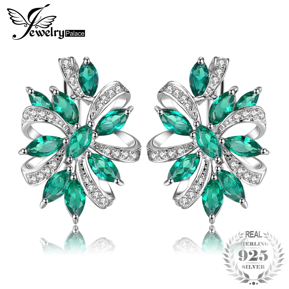 

JewelryPalace Unique Design 2.1ct Green Nano Russian Created Emerald Clip On Earrings Real 925 Sterling Silver Women Jewelry